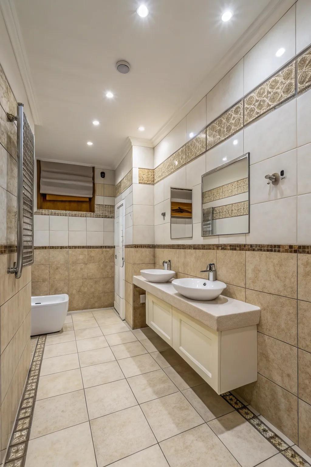 Textured tiles add dimension to the neutral bathroom layout.