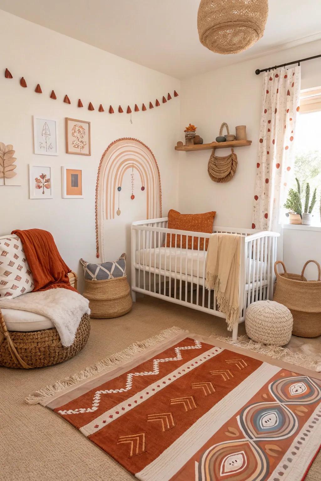 A nursery featuring warm ceramic aspects.