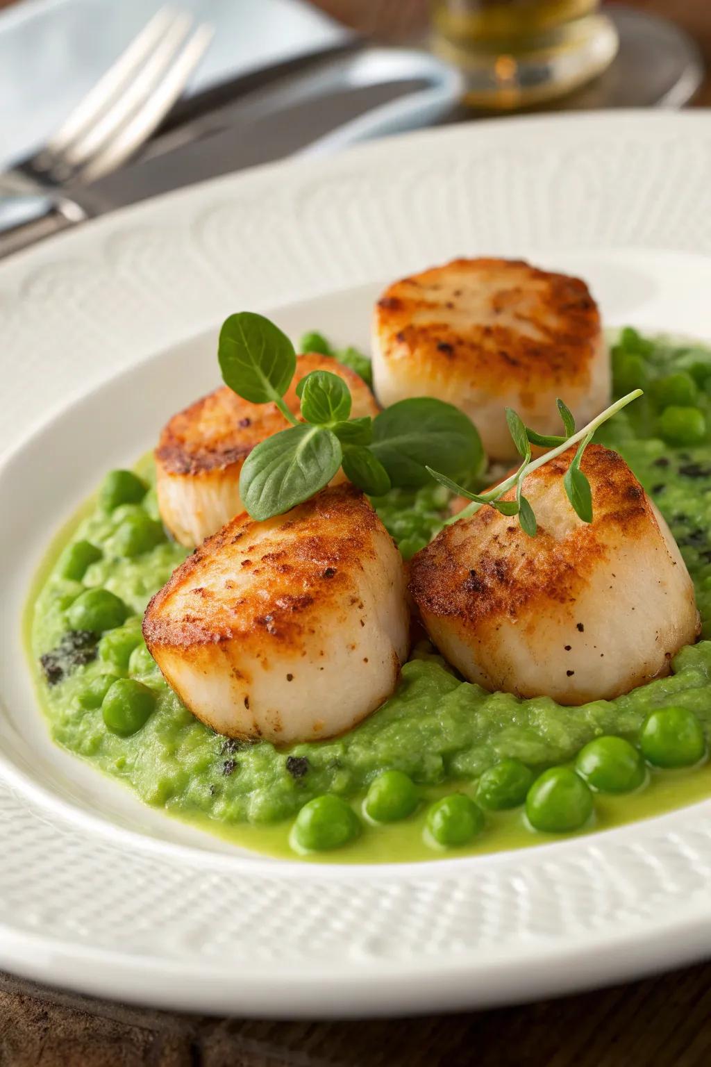 Seared scallops with minted pea puree, offering a sophisticated touch to your New Year's dinner.