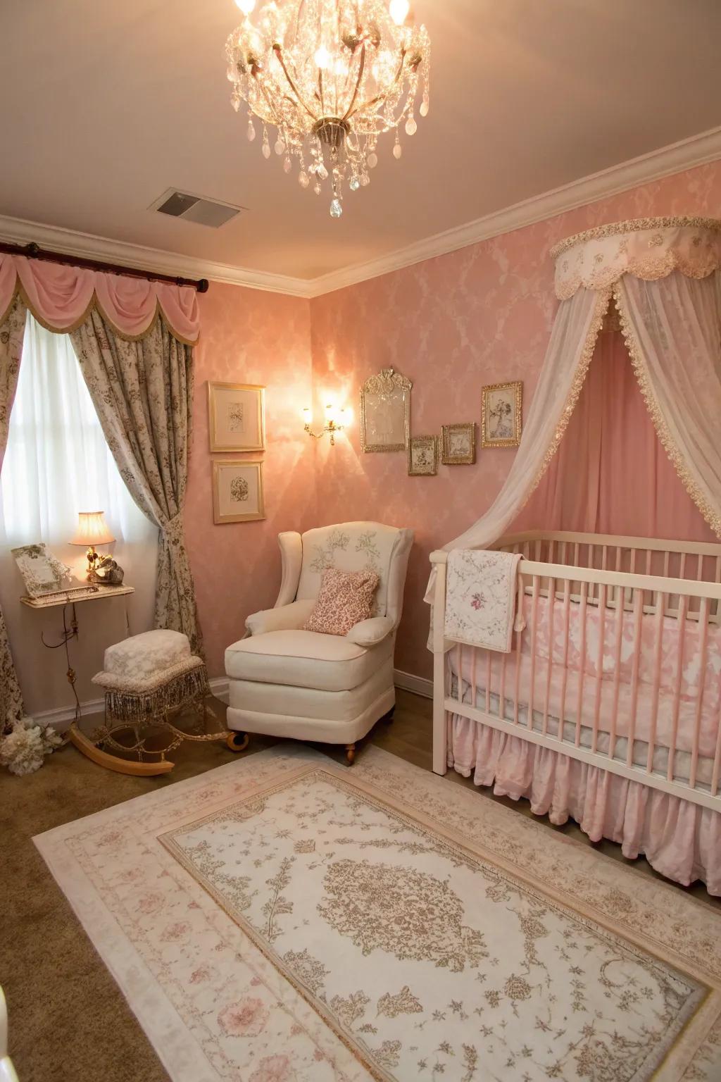 An elegant baby room featuring gentle pink walls.