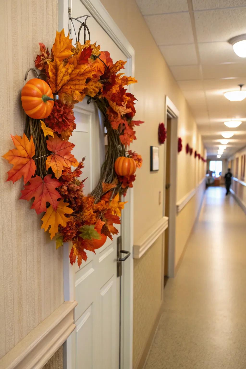 A pumpkin garland offers a festive and welcoming charm.