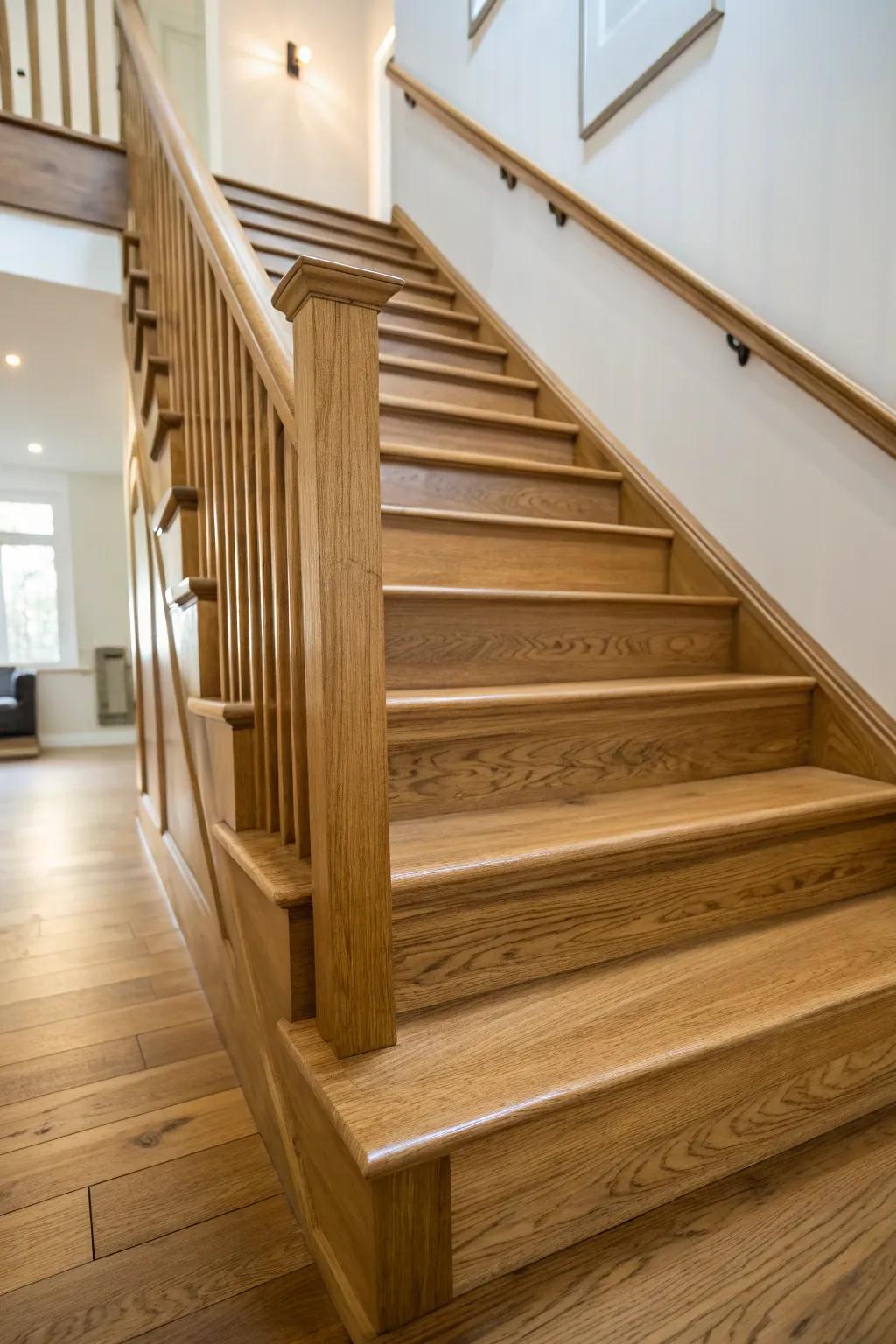 Green finishes enhancing the beauty of an oak staircase.