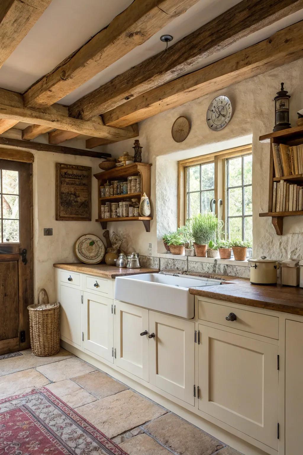 Country aspects offset creamy white cabinetry delightfully.
