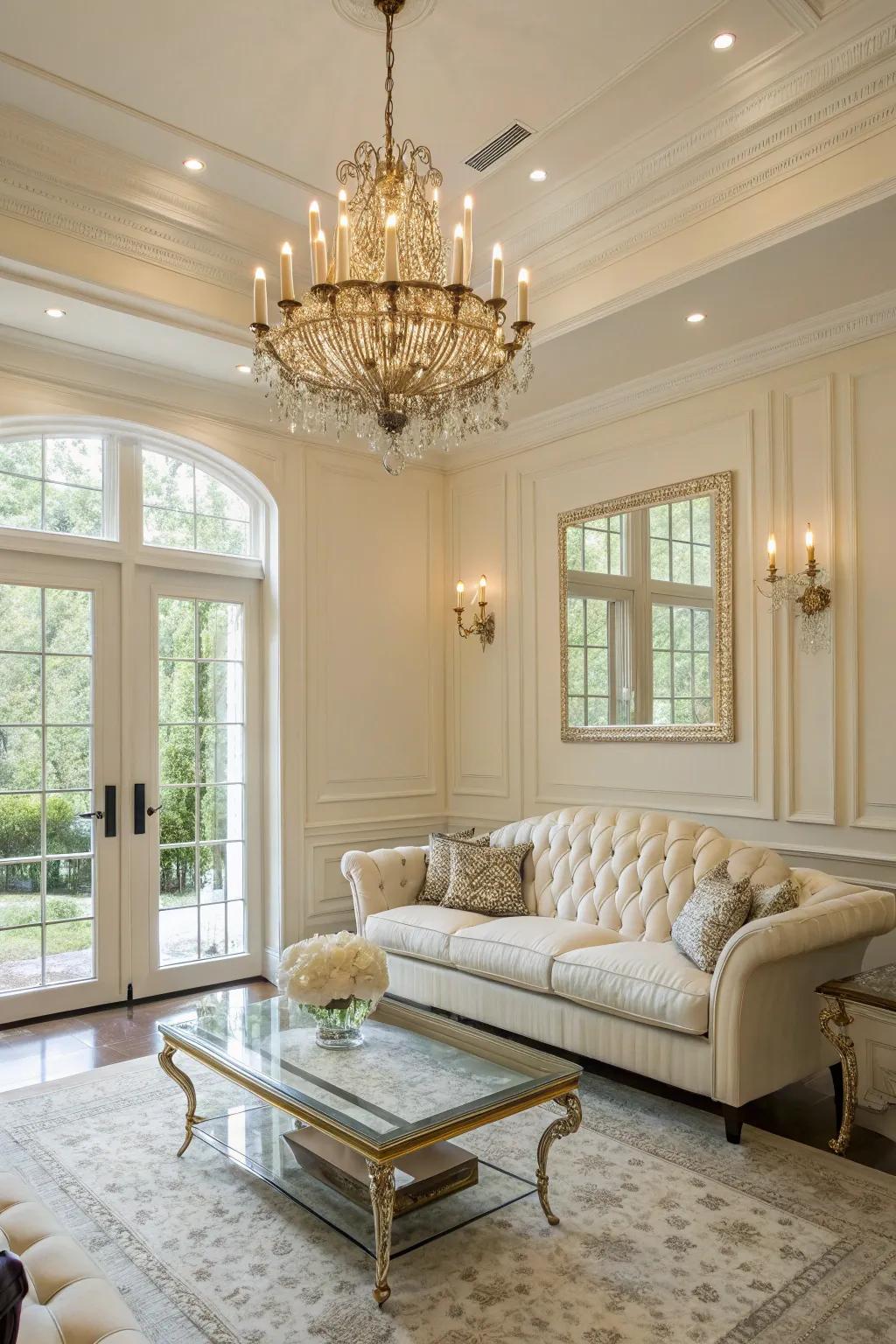Elegant lighting sets the tone in an off white living room.