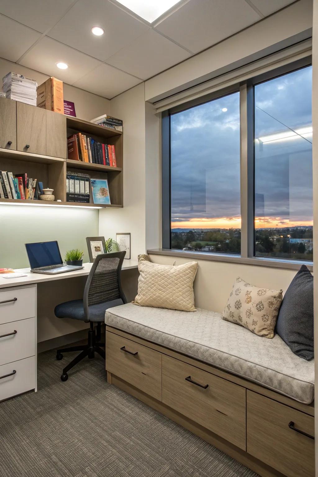 An integrated reading nook provides a cozy and private space within the office.