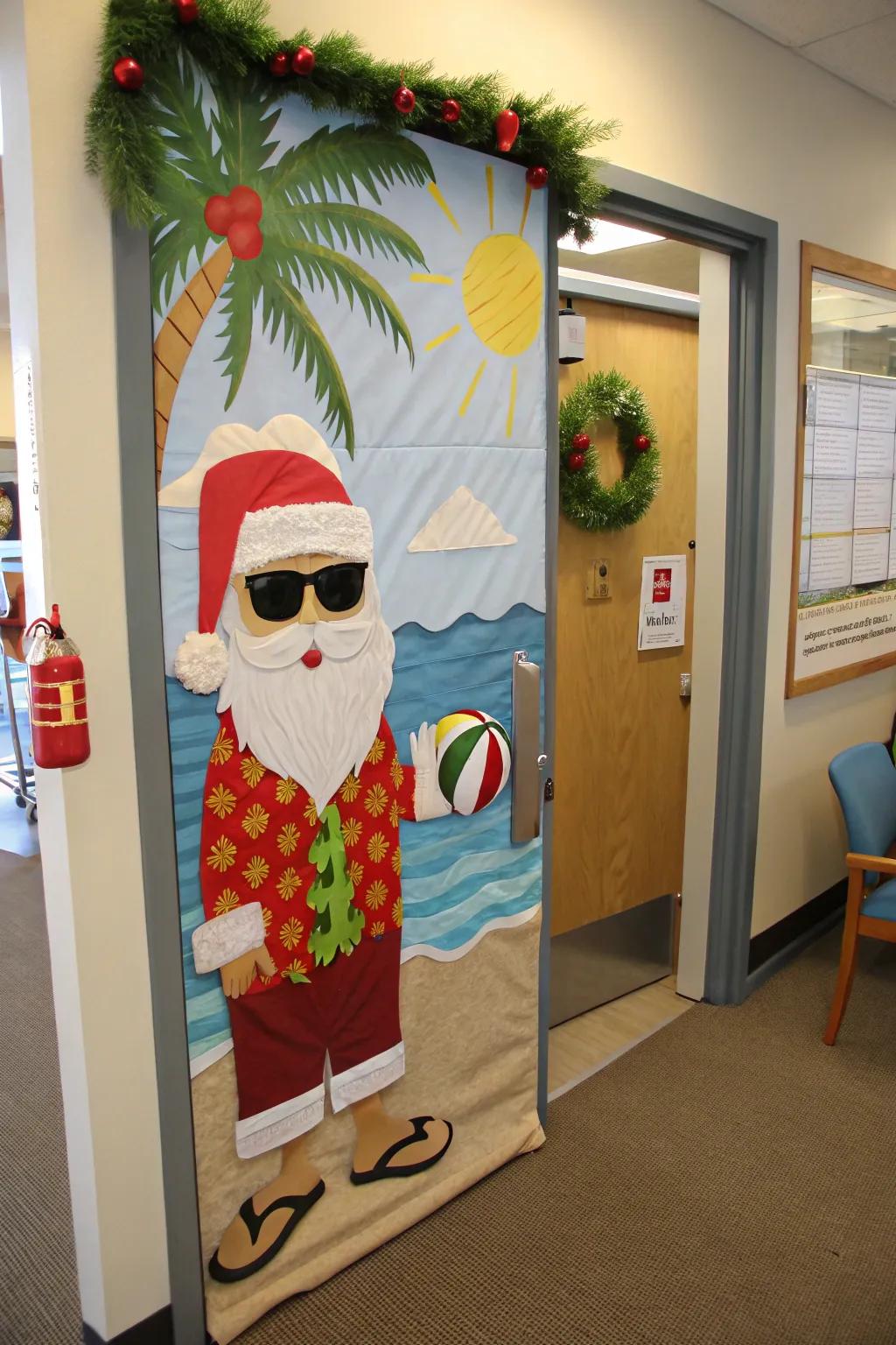 Grant Santa a tropical escape through this beach-themed door arrangement.