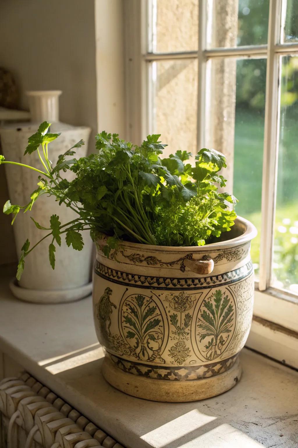 Brighten your cooking space with stoneware brimming with herbs.