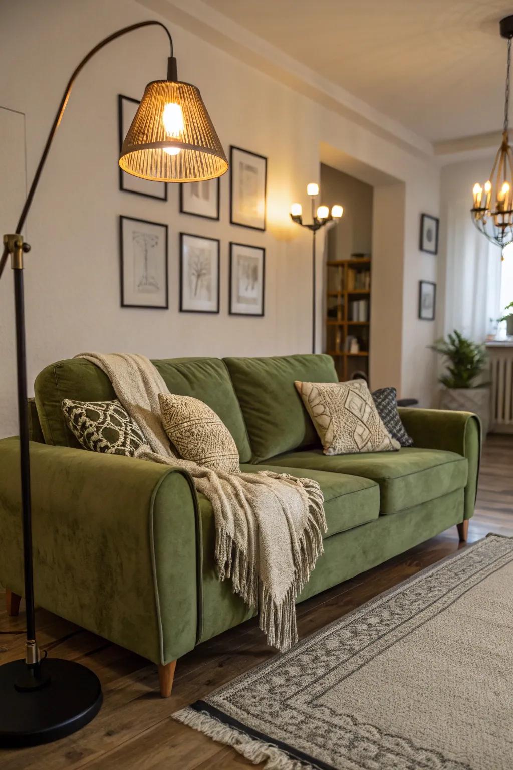 Toasty illumination enhances the snug atmosphere of a living space.