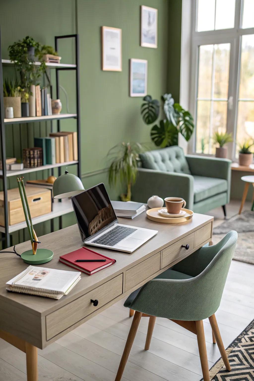 Olive green walls encourage creativity within the home office.