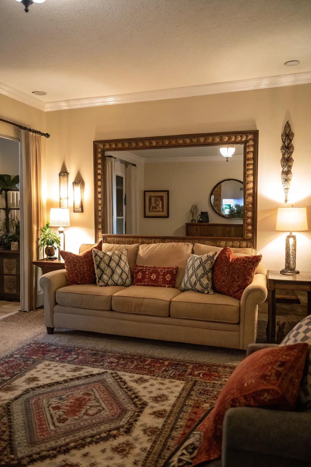 A thoughtfully placed mirror brings light and space into the room.