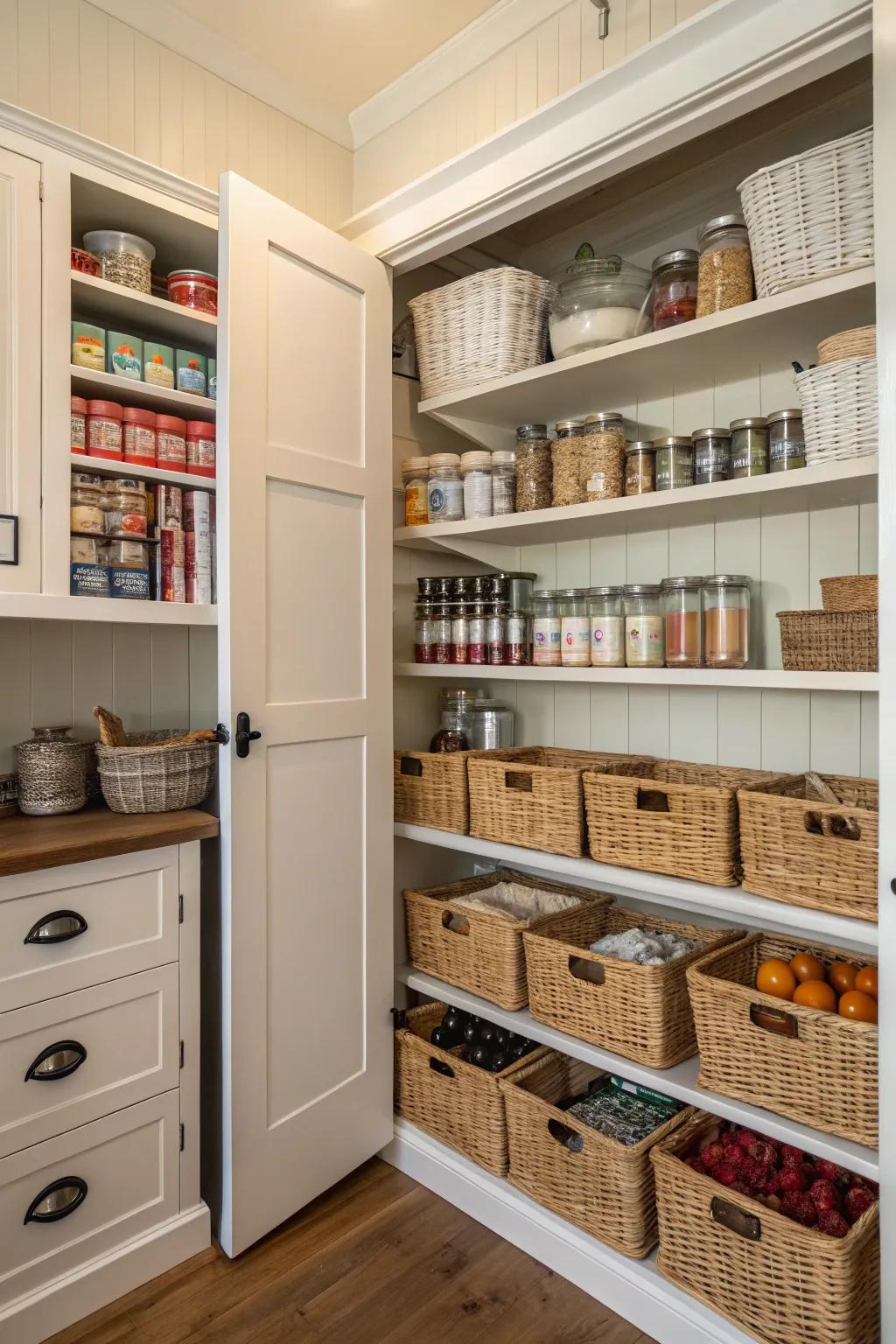 Combining open and concealed storage fashions a balanced pantry ambiance.