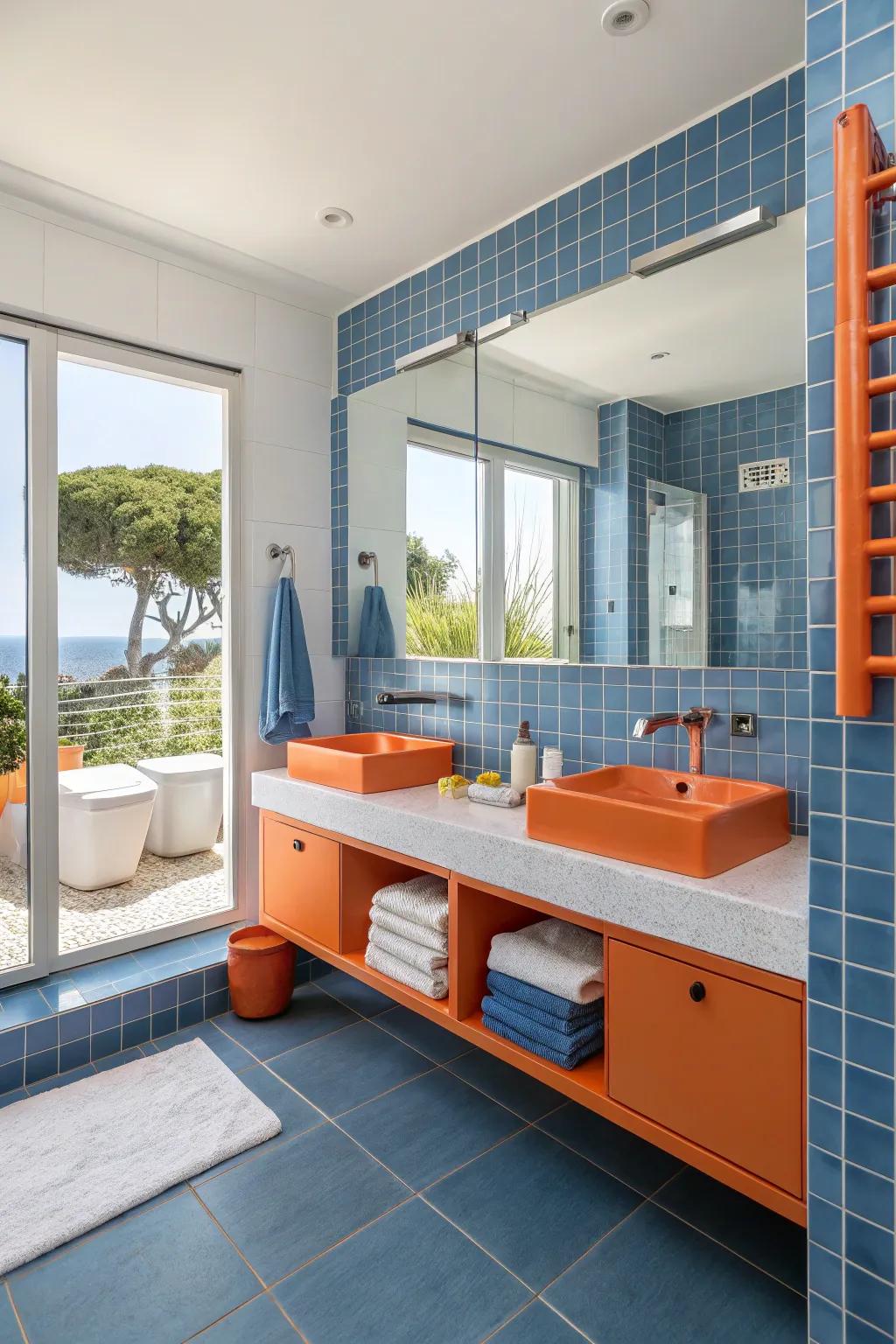 A striking orange and blue color palette in a contemporary bathroom.