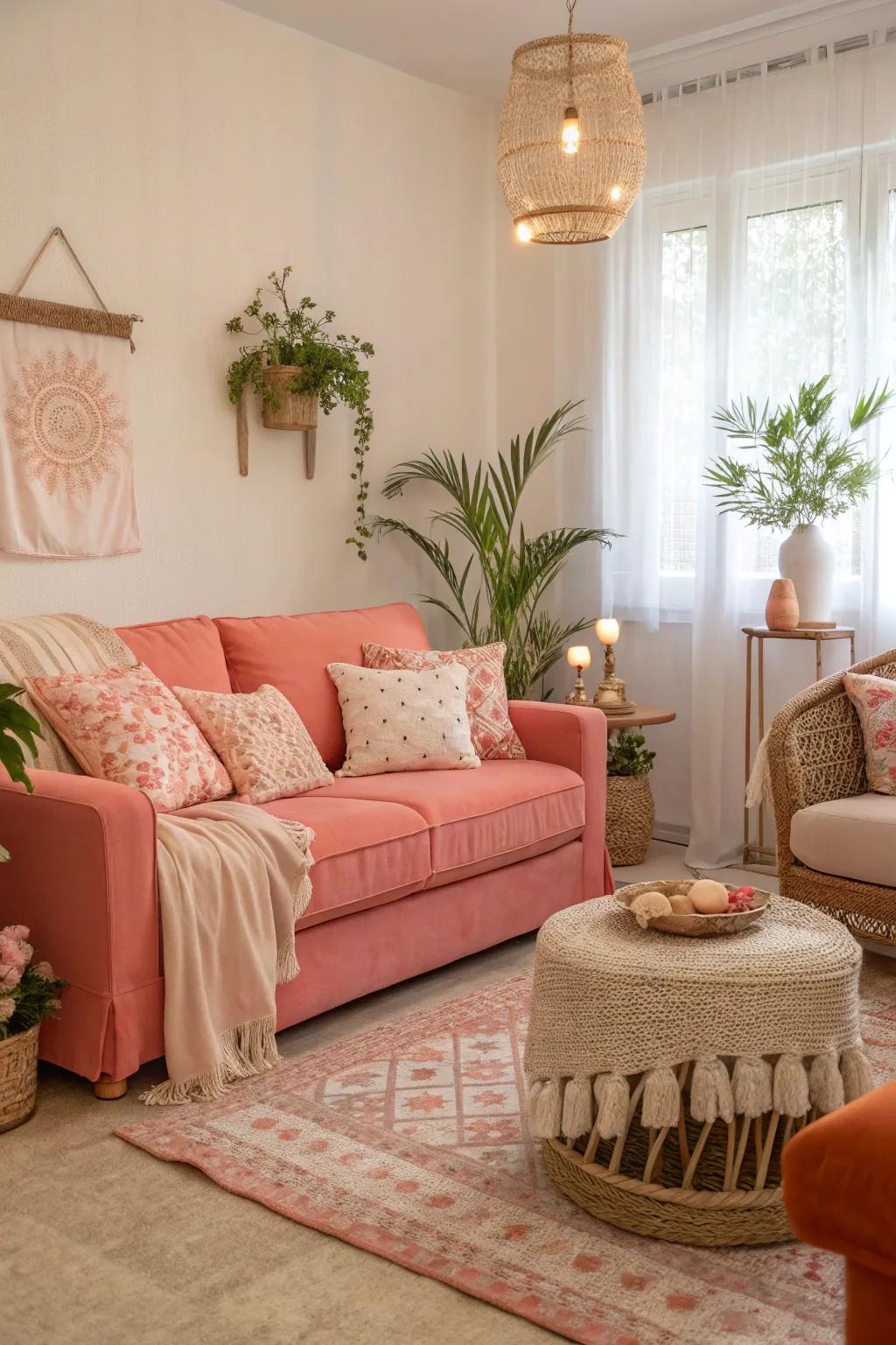 Gentle peach and coral tones infuse warmth and serenity into the space.