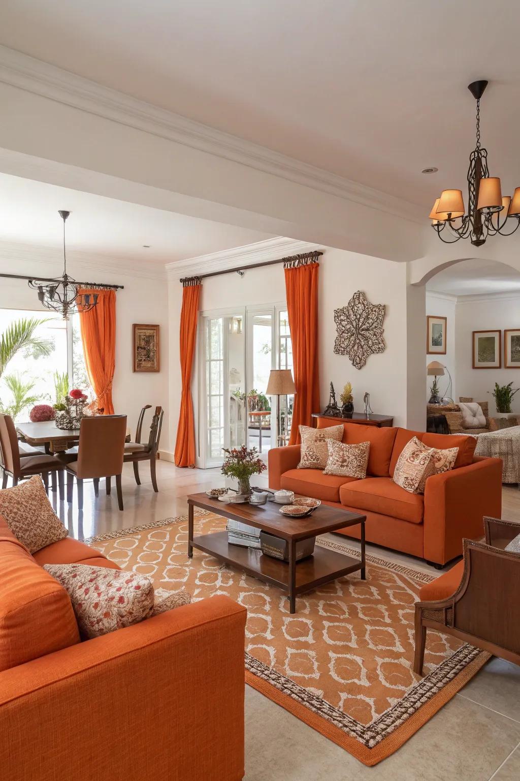 An open-concept design showcasing orange accents that create a harmonious transition.