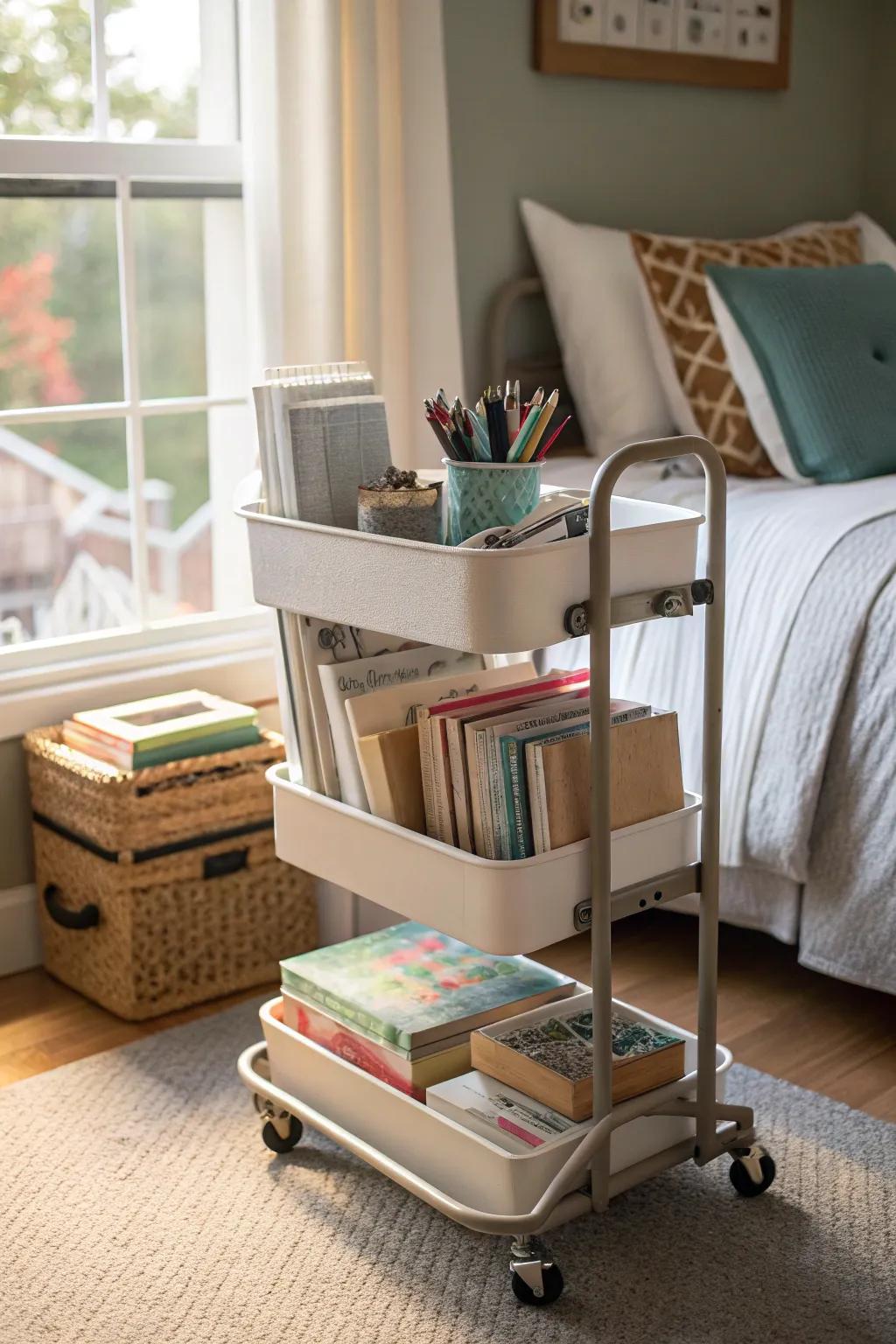 Maintain tidiness on the go with a rolling cart.