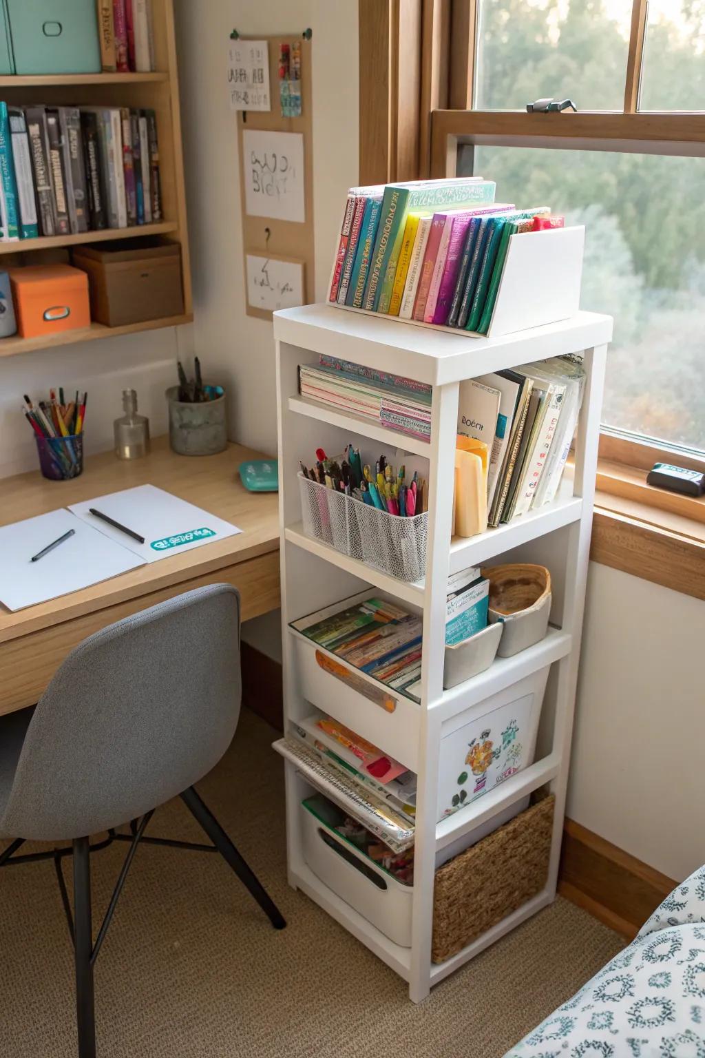 Tiered organizers maximize storage in small areas.