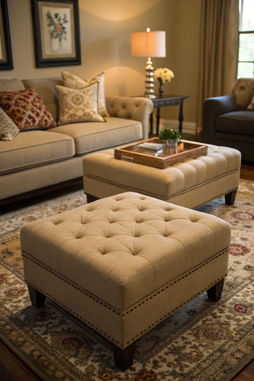 Ottomans that are paired provide symmetry and style.