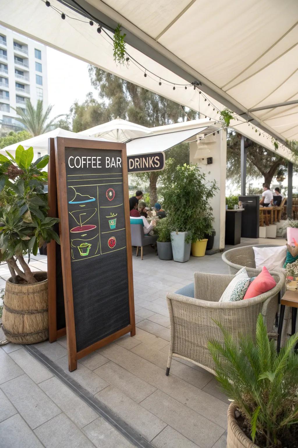 A charming chalkboard listing contributes a café sensation to this outdoor coffee bar.