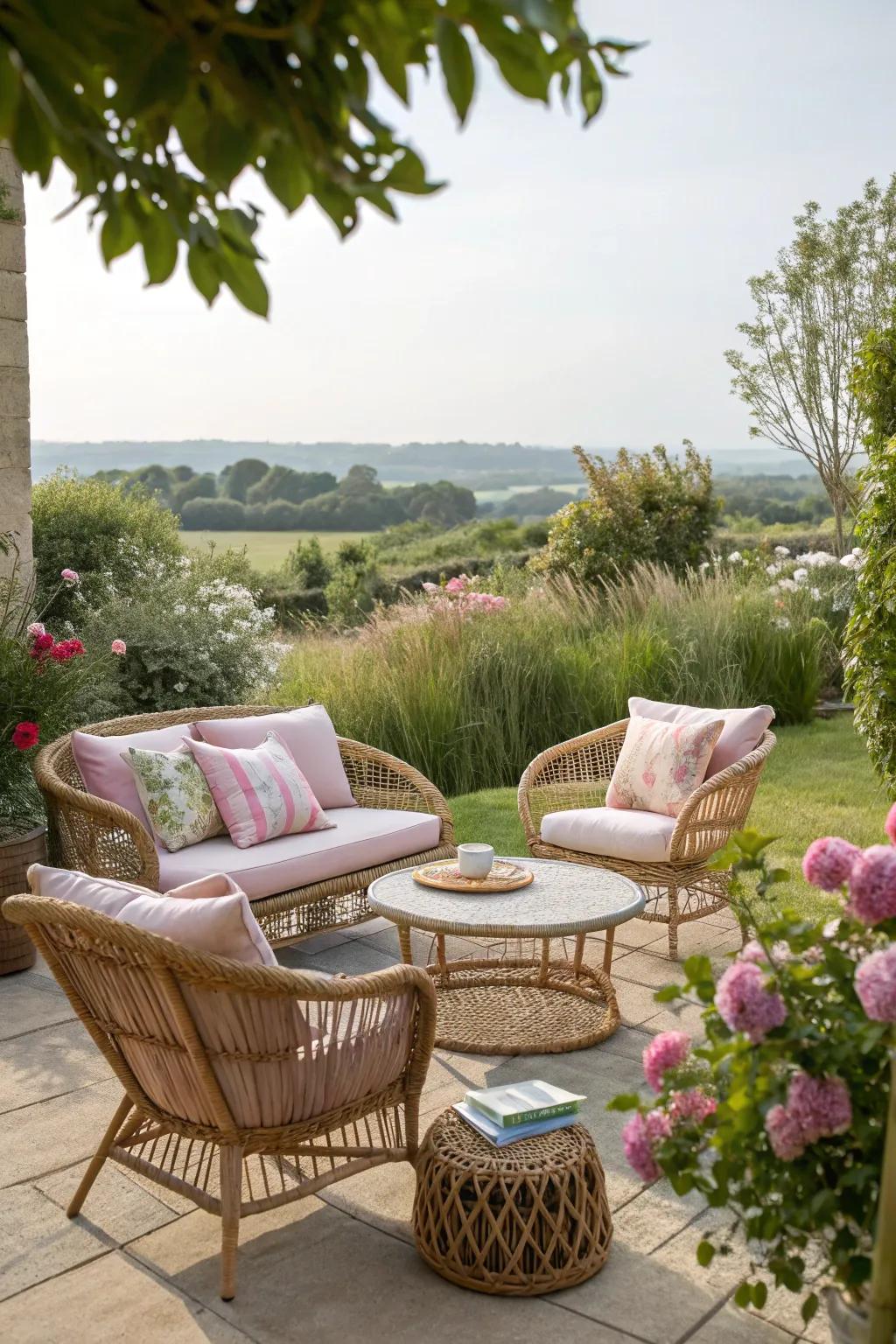 Wicker pieces add a vintage touch with natural charm.