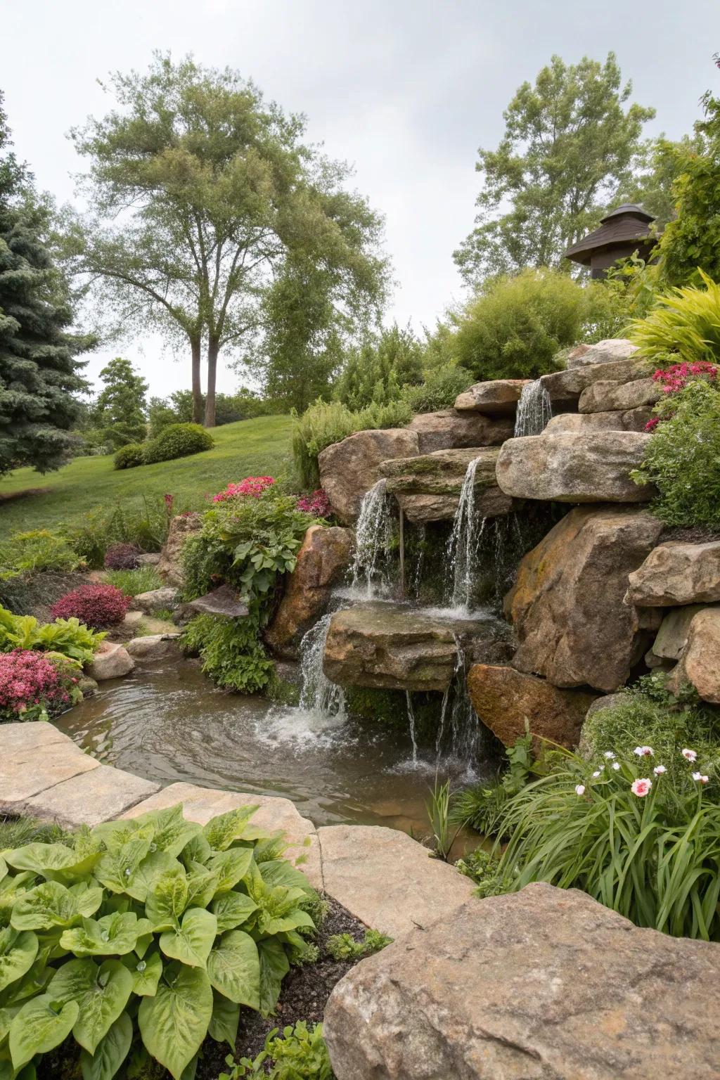 Rock fountains blend nature and design for an agreeable garden element.