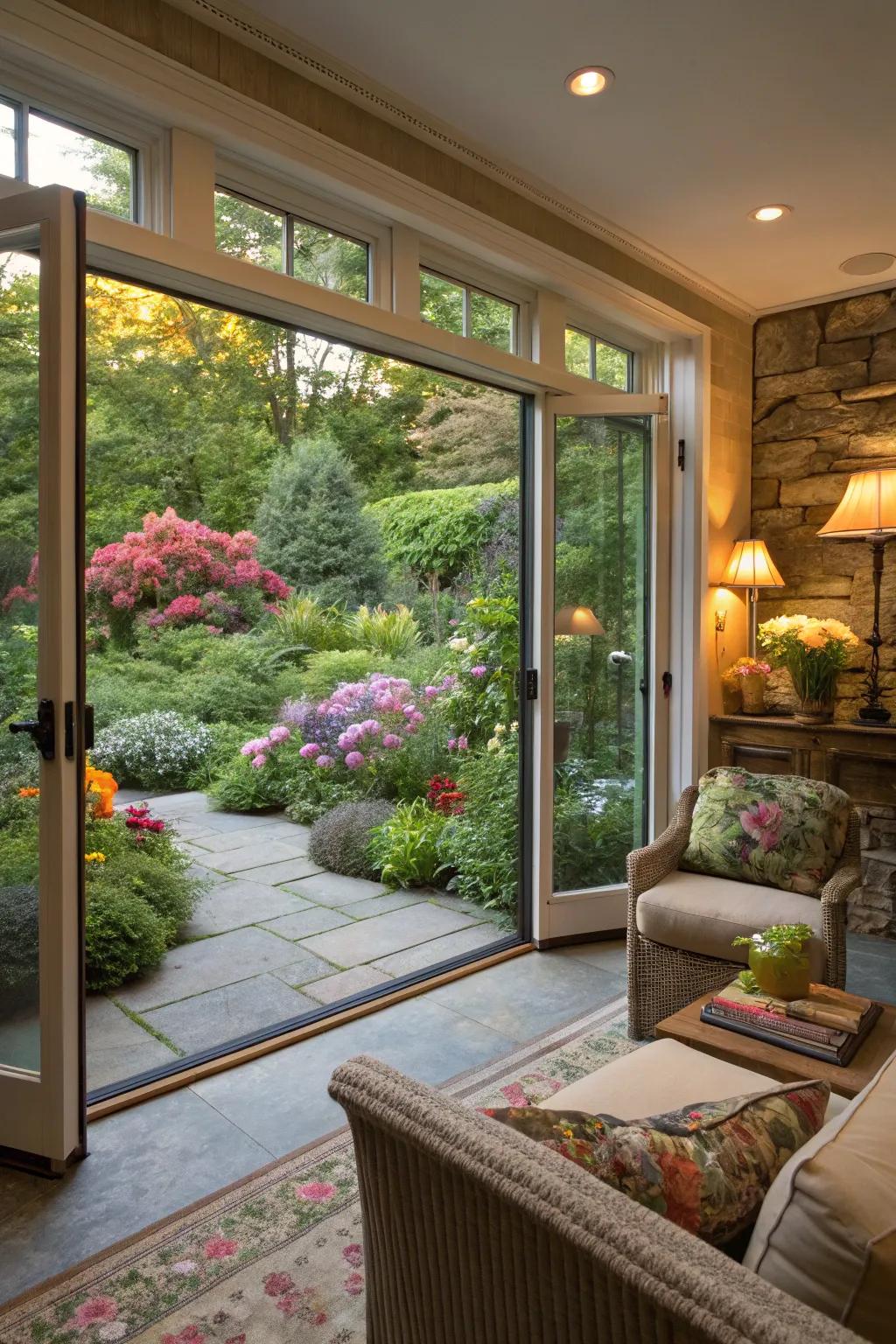 Interior comforts meeting outdoor charm in a garden location.