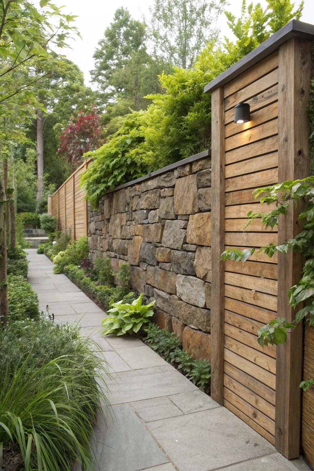 Mixed material walls combine strength with homespun appeal.