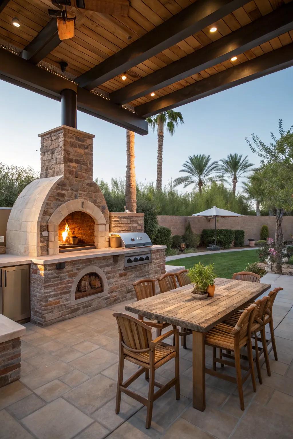 A pizza oven introduces a singular gastronomic encounter.
