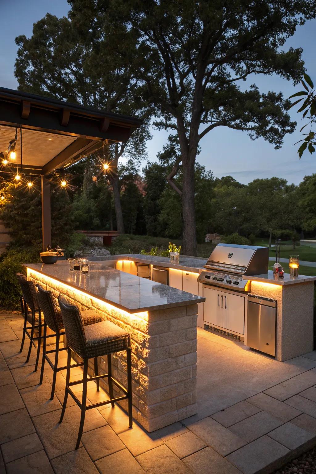 An outdoor kitchen bar featuring integrated lighting for an enchanting evening atmosphere.