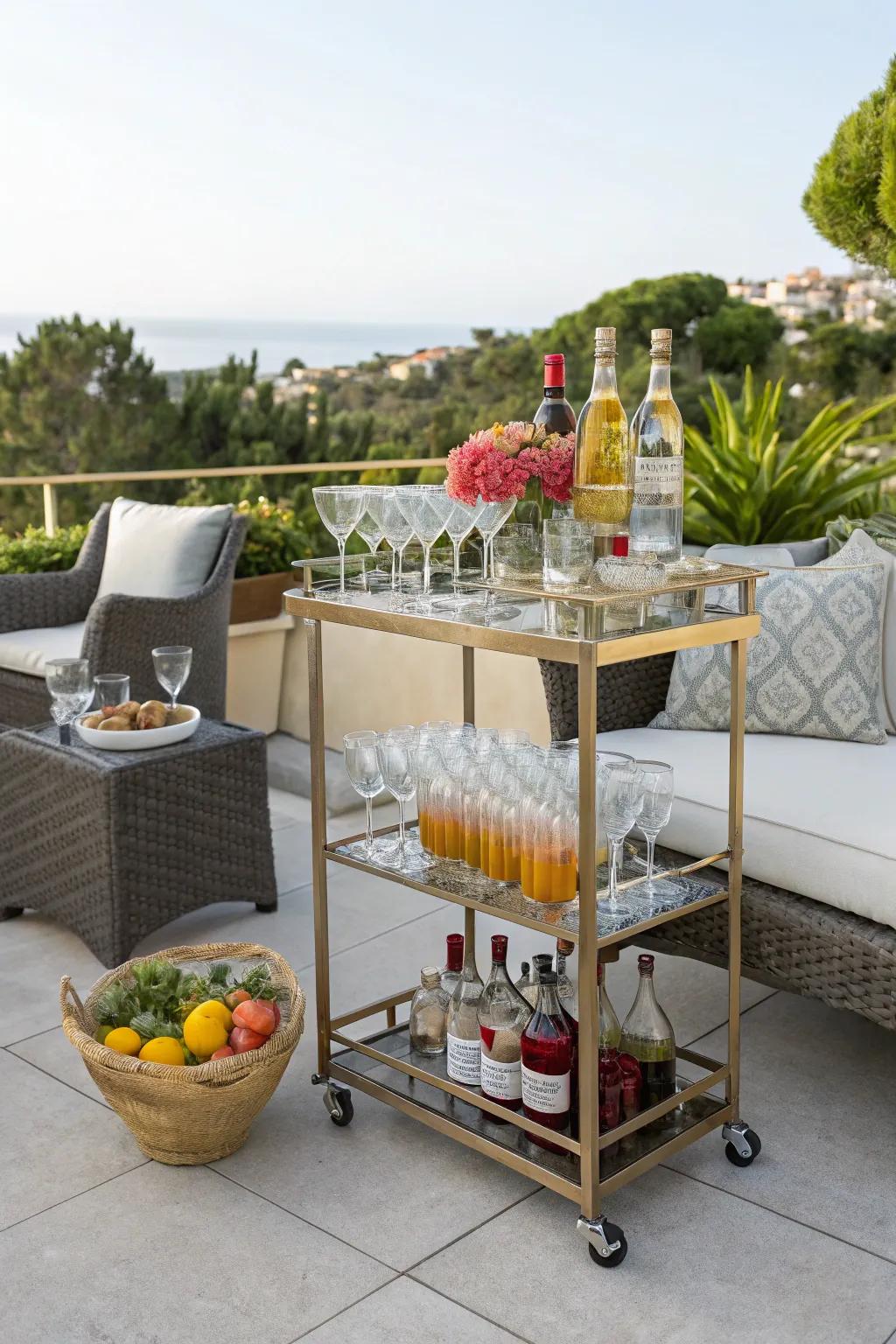 A serving trolley enhances outdoor gatherings with style and functionality.