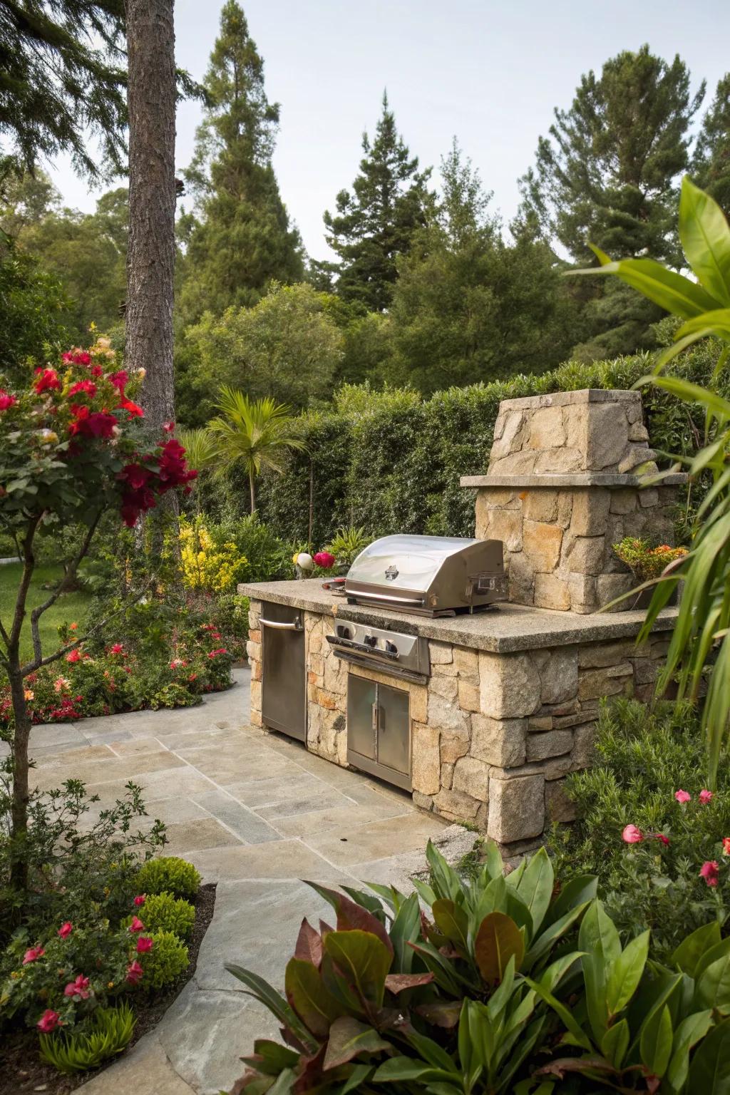 Enhance your BBQ zone using greenery for a revitalizing outdoor ambiance.