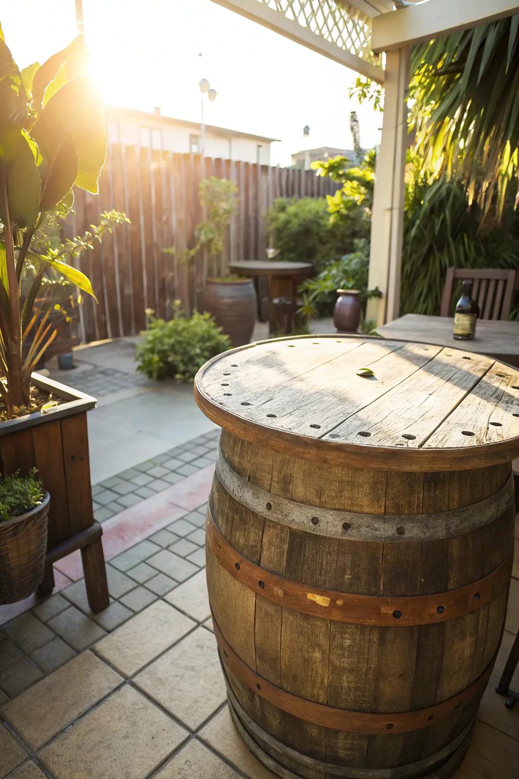 Vintage cask table tops add country charm and personality to outdoor spaces.