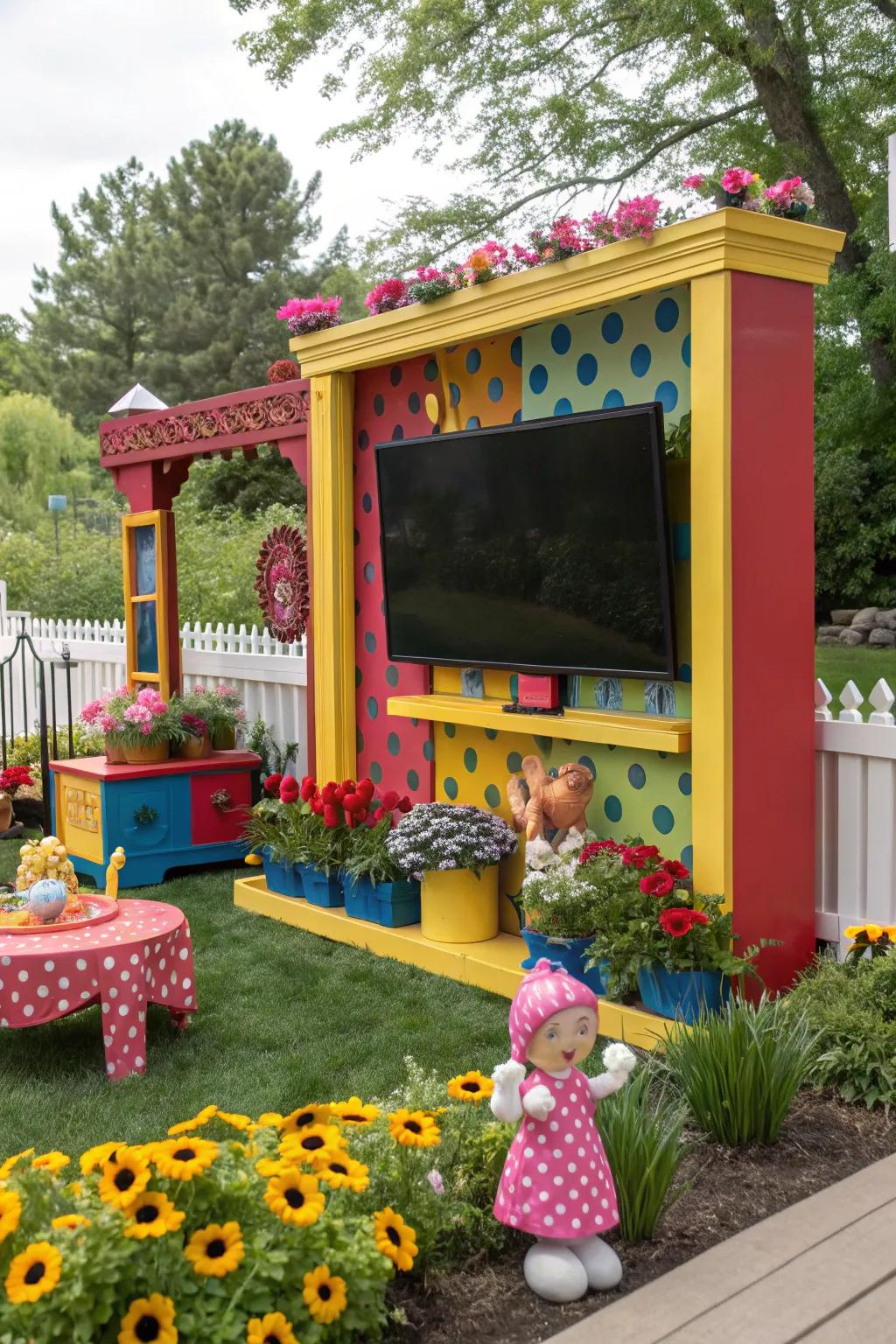 Introduce a burst of color with a vibrant television case in your garden.