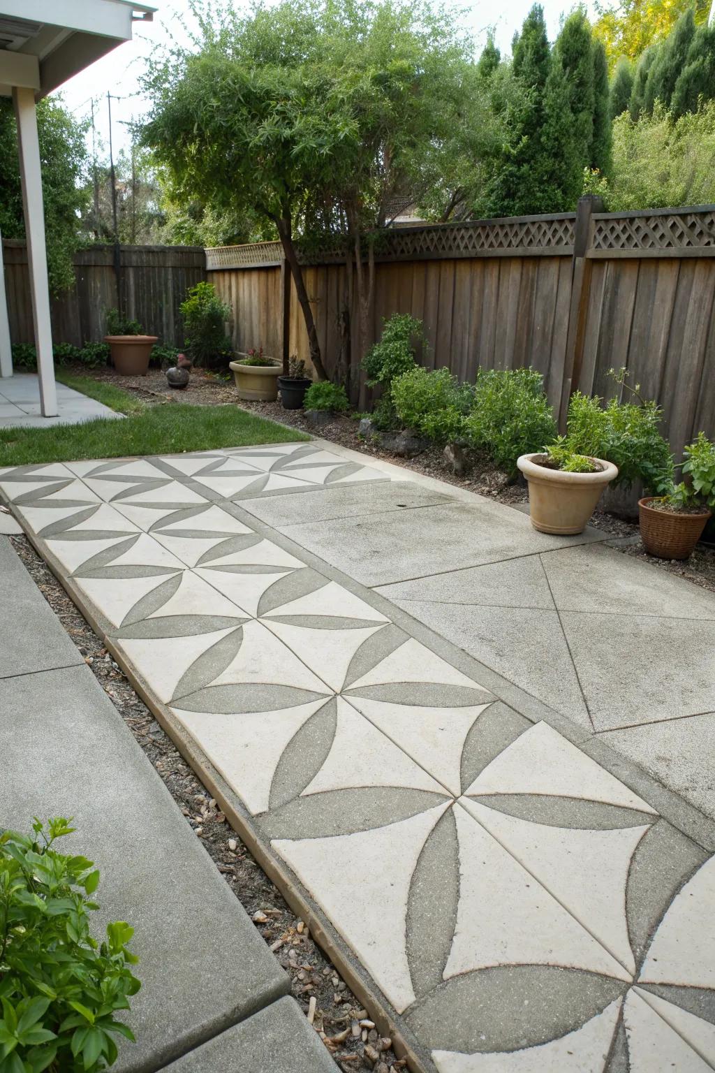 The optical illusion patterns on this patio produce a captivating visual effect.