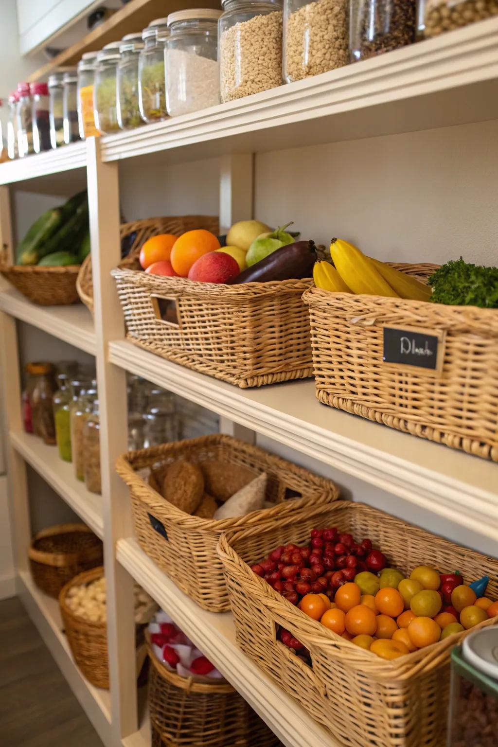 A pantry shelf arranged with woven baskets that bring texture.