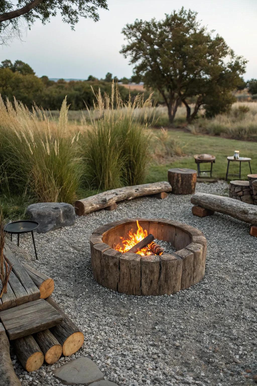 Stone chippings offer a countryside and practical surface encircling your firepit.