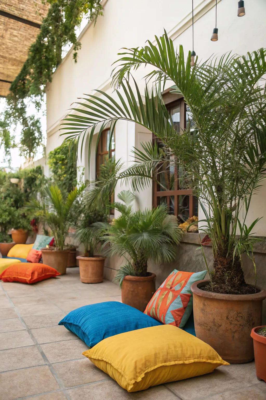 Introduce tropical vibes with tropical fronds and vibrant decor.