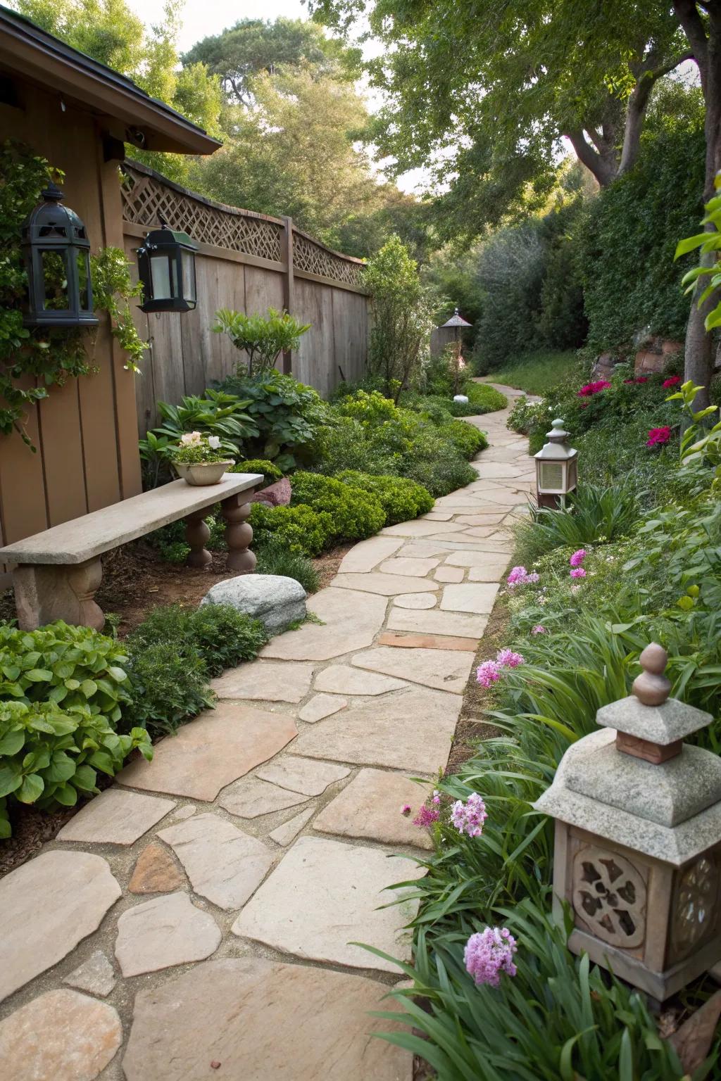 A tranquil sandstone walkway leading to a peaceful meditation space.