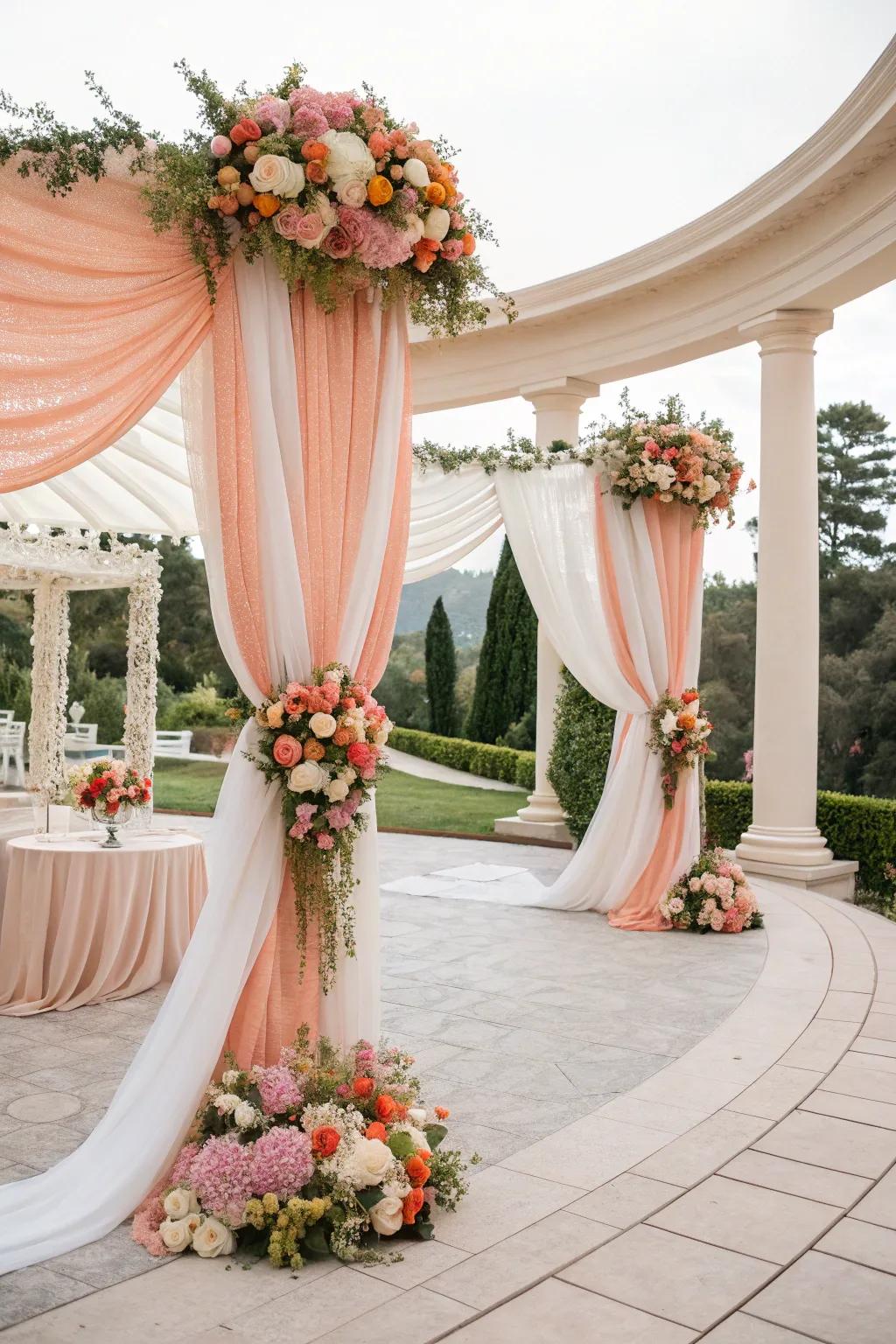 Gentle and sophisticated apricot and white textile art for graceful venues.