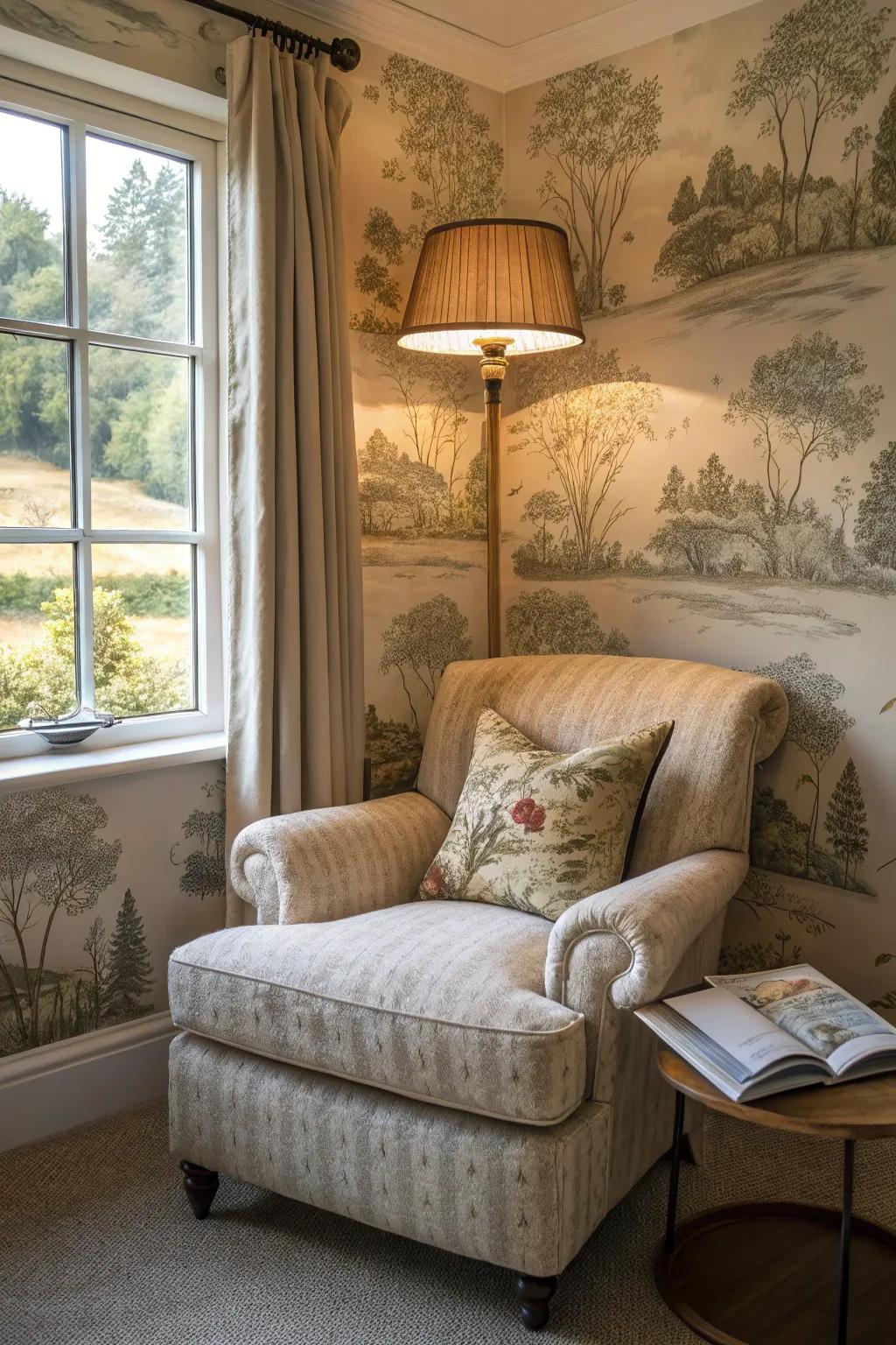 Conceptualize a snug reading area using serene wallpaper visuals.