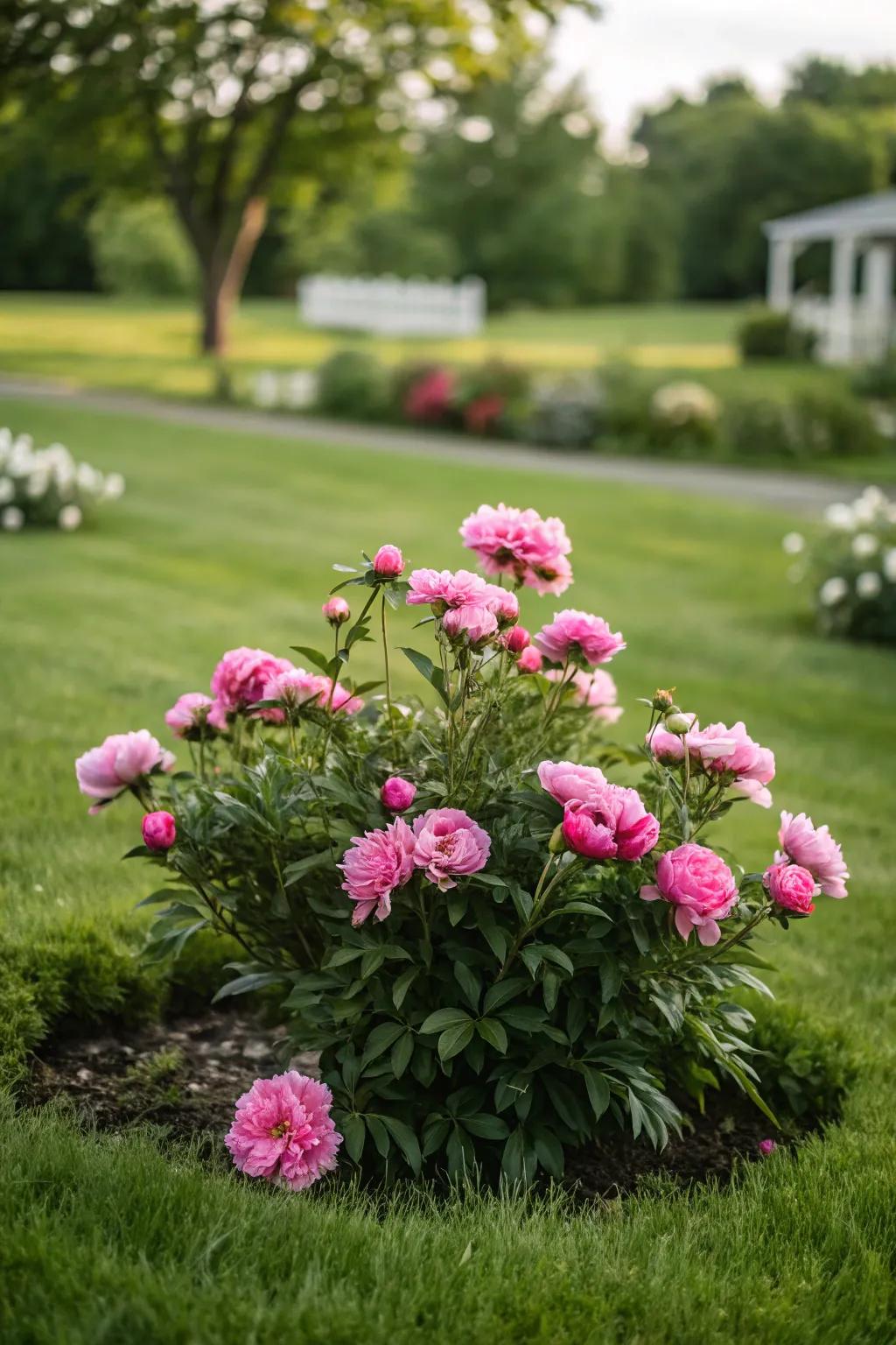 An arresting peony isle functioning as a garden's pivotal point.