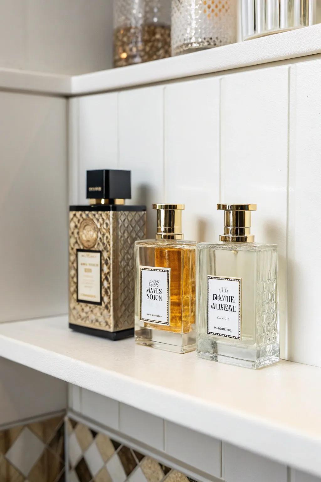 A simple life display emphasizes the refinement of each perfume bottle.
