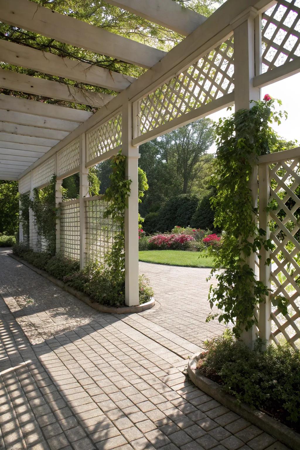 Patterned grid panels offer privacy while improving the pergola's design.