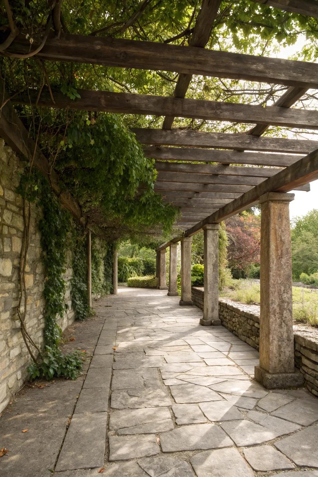 Stratifying textures cultivates a lavish, inviting atmosphere beneath your pergola.