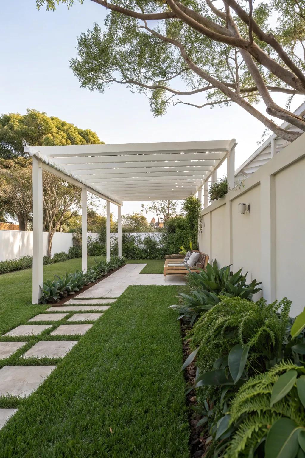 An uncluttered pergola evokes a zen-like atmosphere.