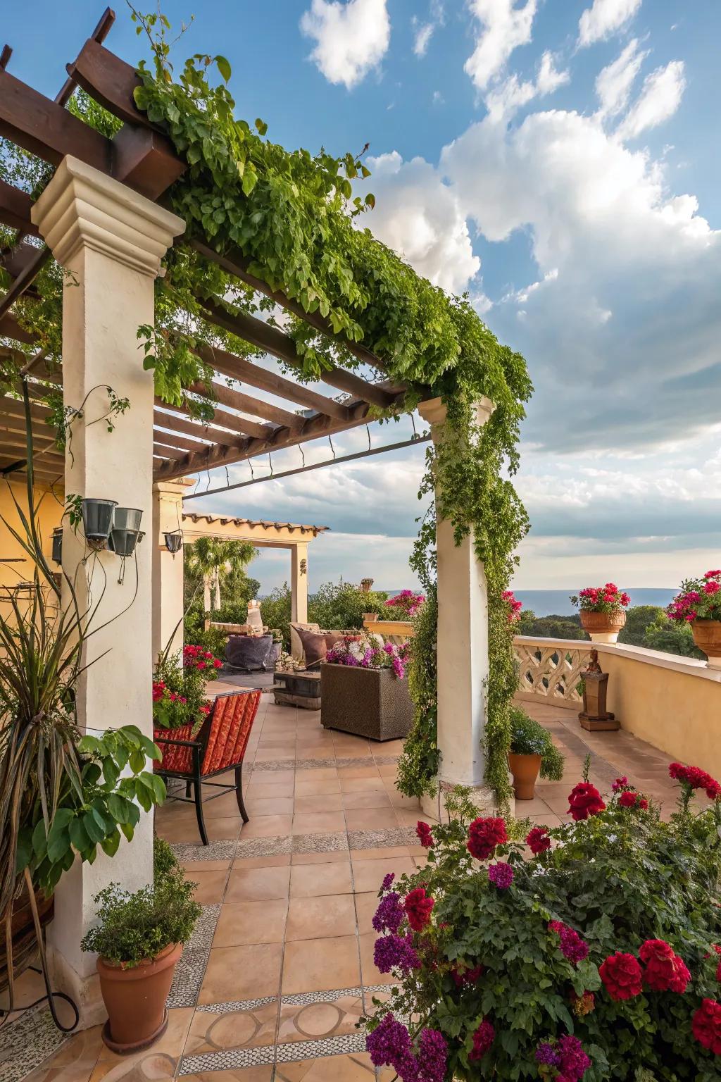 Mediterranean-inspired decor brings exotic charm to this pergola.