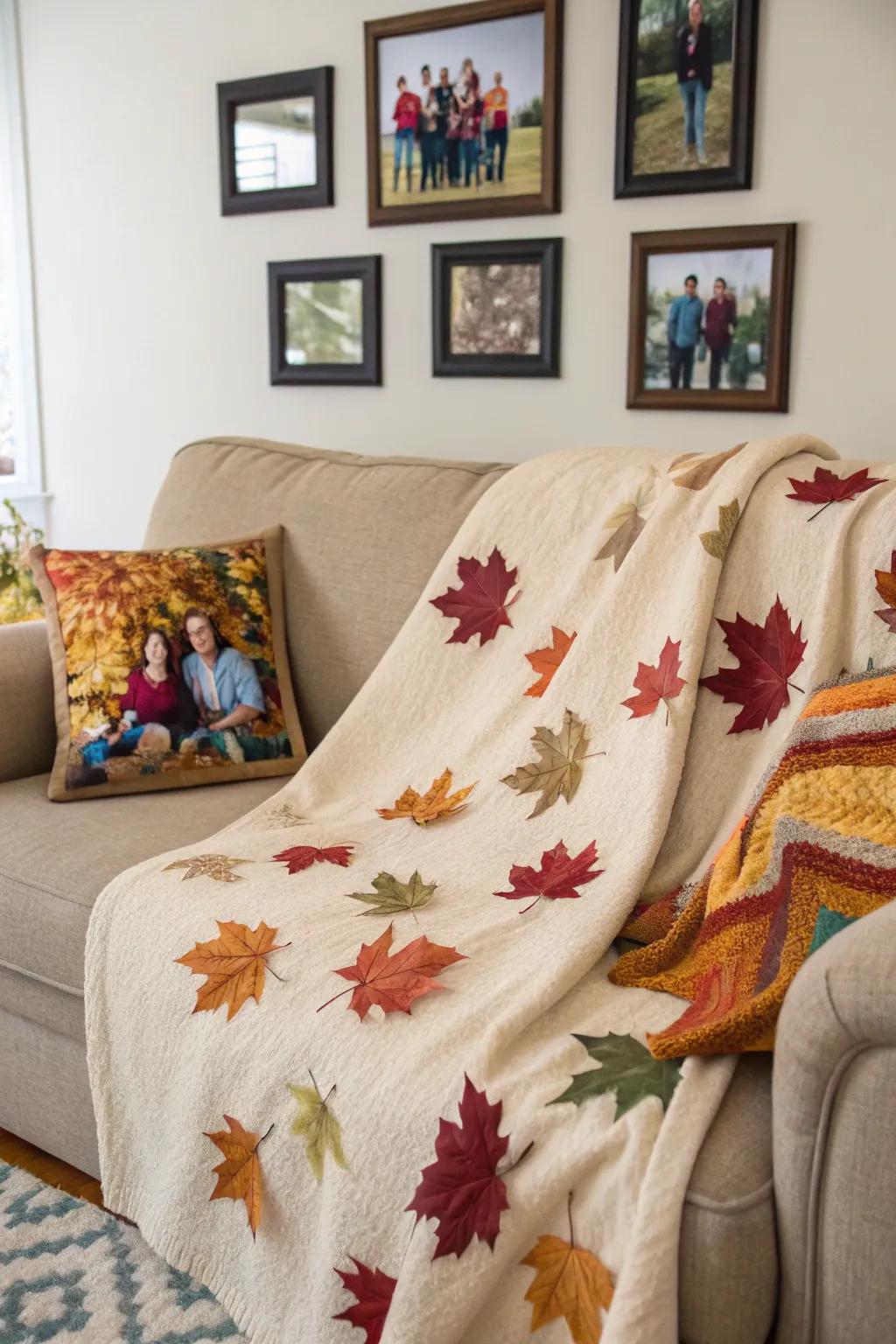 A fall-themed throw featuring autumn leaves and family gathering snapshots, ideal for seasonal warmth.