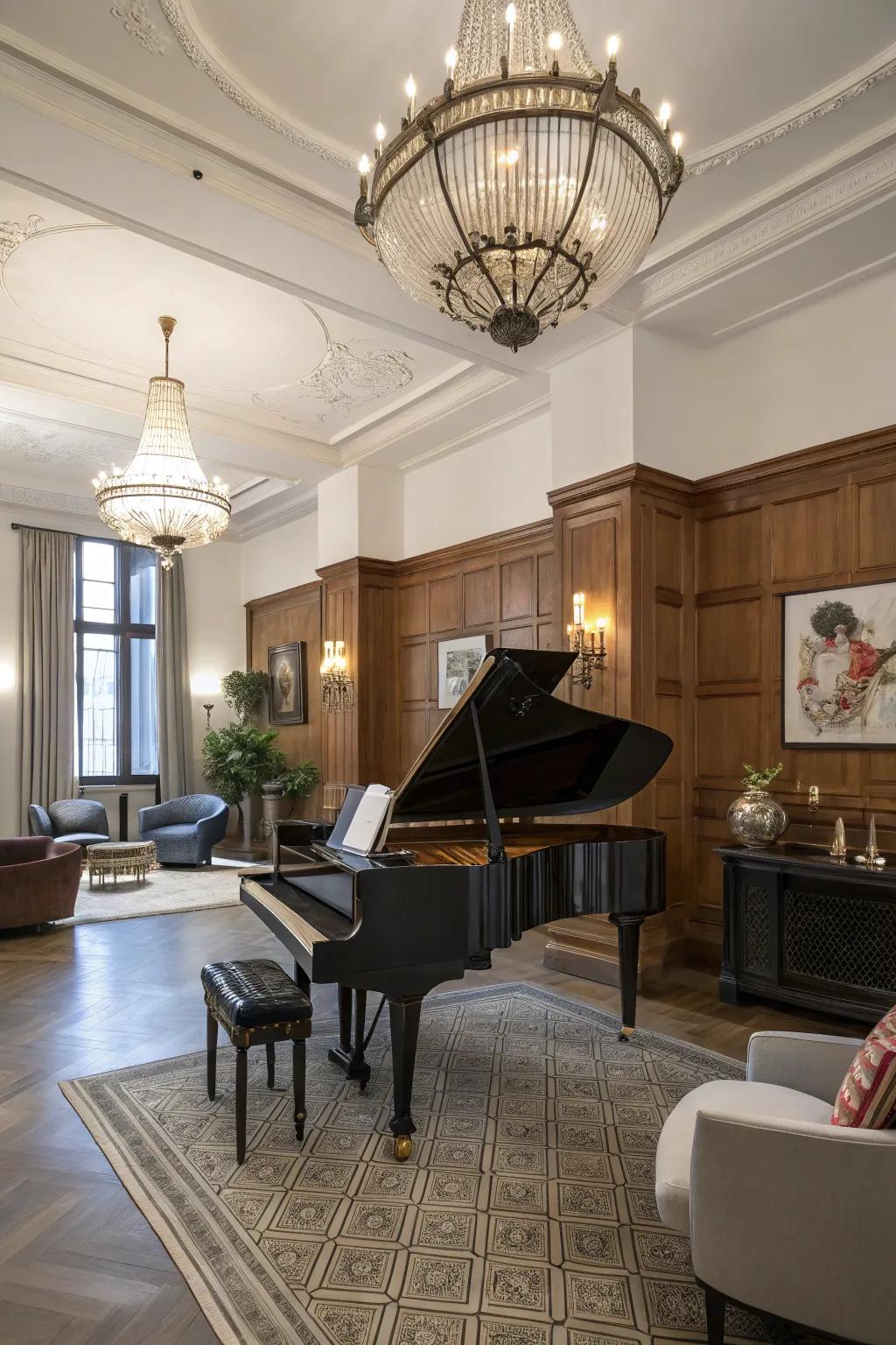 A fusion of classic and modern aspects fashions an enduring piano chamber.