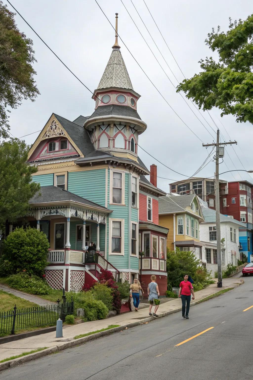 A house featuring an eclectic cupola, exhibiting a fusion of styles.