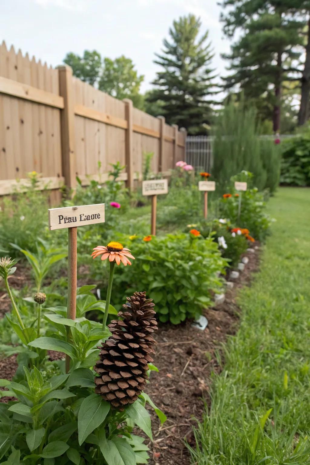 Pinecones are transformed into practical and charming plant labels.