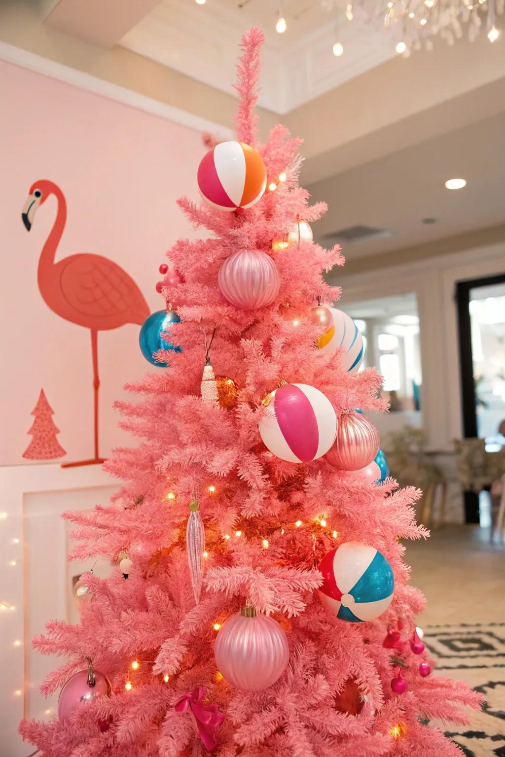 Unique decorations render this rosy tree delightfully quirky.